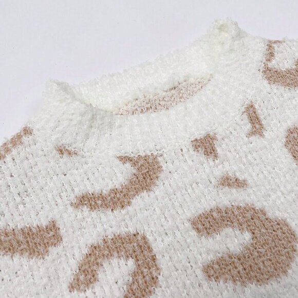 Khaki Casual Women's Leopard Pattern Drop Shoulder Sweater & Drawstring Shorts - Picture 4 of 6